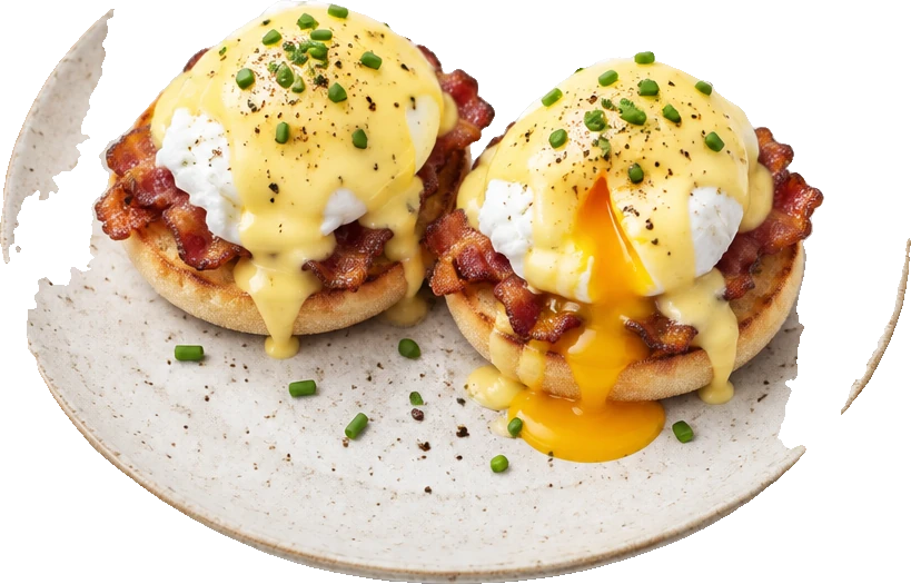 Eggs benedict with bacon on toasted muffins under hollandaise