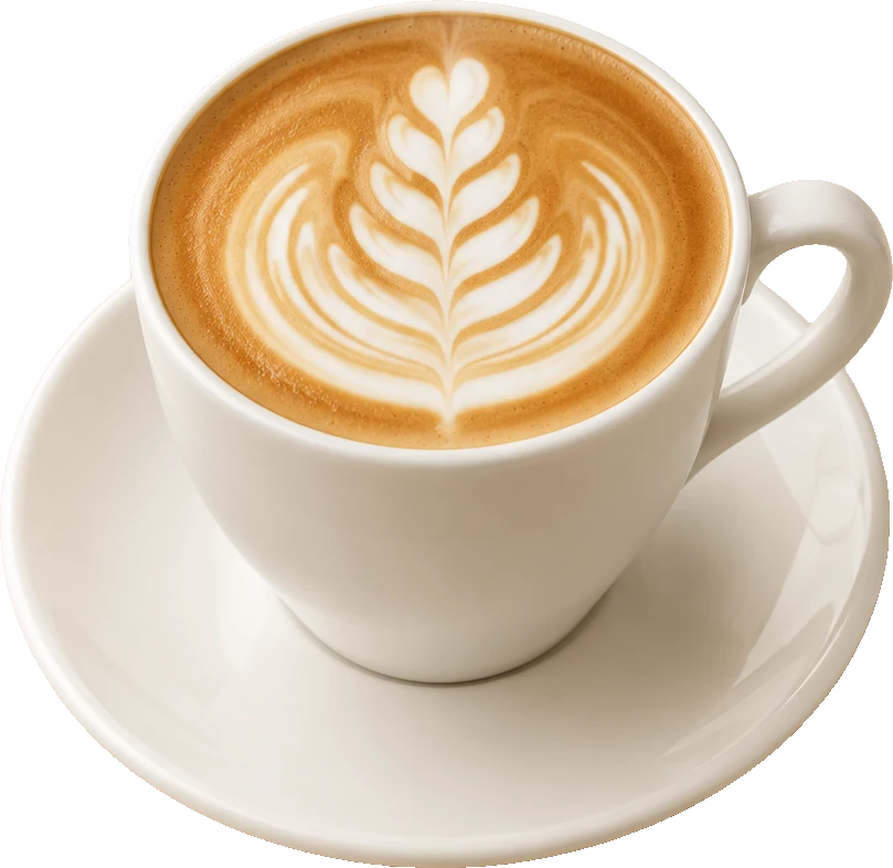 A latte in a white cup with a rosetta poured into the foam