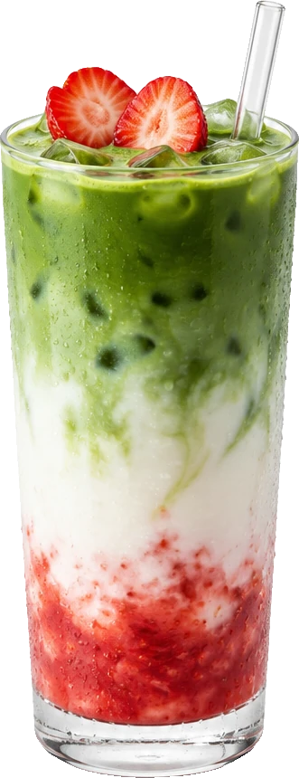 An iced strawberry matcha latte layered green over milk over strawberry